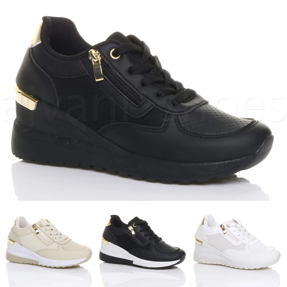AJVANI WOMENS LADIES MID WEDGE HEEL GOLD TRIM LACE UP CASUAL TRAINERS SNEAKERS SIZE