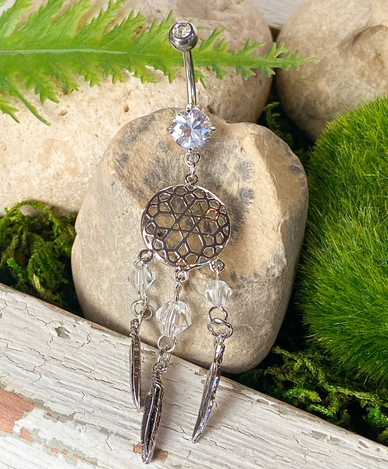 Atrapasueños Cuentas Pluma Circonita cúbica Gema Vientre Anillo Perforado Ombligo Transparente, Rosa, Aqua  Foto 1 de 1