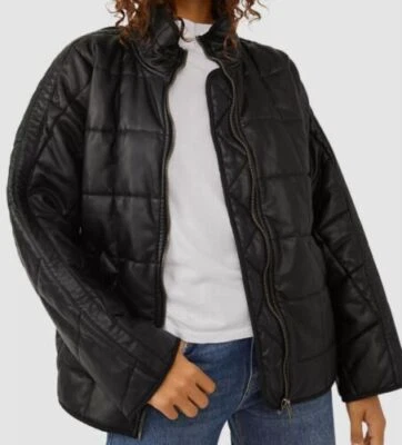 Free People Women's Black Quilted Faux Leather Coat Jacket Size M, fits like L - Image 1 of 3
