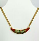 80'S Vintage Costume Jewelery Choker Necklace Golden Metal Red Wine Floral