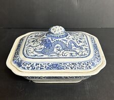 Antique Chinese 19th C Blue & White Porcelain Covered Dish/Tureen Dragons Decor
