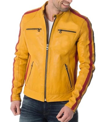 New Men's Genuine Lambskin Leather Biker Jacket Slim Fit Motorcycle YellowJacket - Image 1 of 4