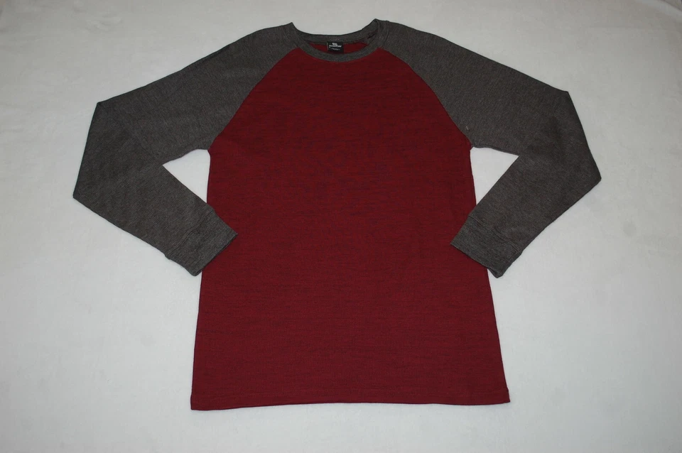 Mens L/S Raglan Tee Shirt BURGUNDY & CHARCOAL GRAY MARLED Waffle Knit XL 46-48 - Image 1 of 1