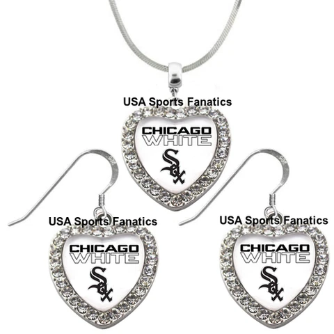 Chicago White Sox 925 Necklace or Earrings or Set Team Heart With Rhinestones Cover
