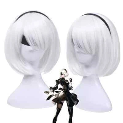 NieR Automata 2B YoRHa No. 2 pelucas cortas rectas blancas cosplay pelucas de pelo bob Foto 1 de 4