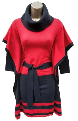UK 10-12 Karen Millen 2 Red Black Rollneck Knit Poncho Tunic Jumper Dress - Image 1 of 4