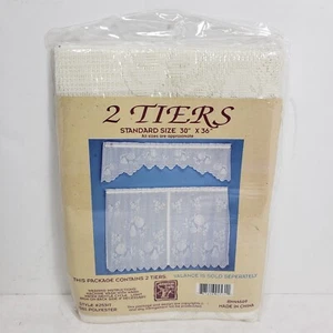 Vintage American Crafts Curtain Panels 2 Tiers White Lace Floral Scalloped Trim - Picture 1 of 4