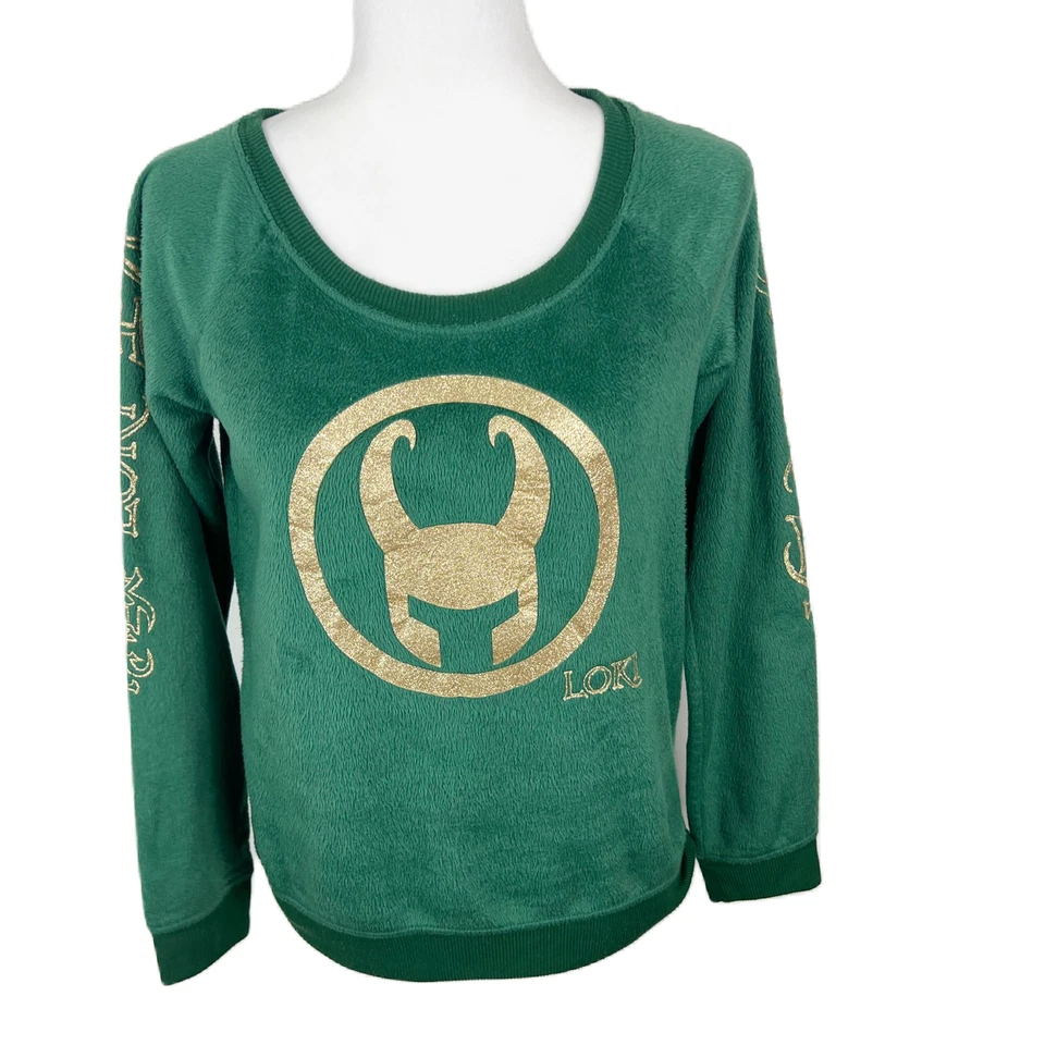 Marvel Loki Sweater Women Small Green Gold Pullover Fleece Thor Sleepwear Pjammy - Image 1 of 4