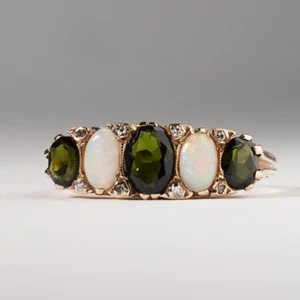 Vintage White Opal Green Tourmaline Victorian Bridge Ring 9ct Gold Size R.5 / 9 - Picture 1 of 12