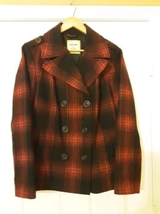 Old Navy Classic Peacoat~ Double Breasted~ Wool Blend~ Red & Navy Plaid~ Size XL - Picture 1 of 22