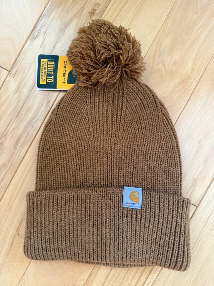 Carhartt Brown Knit Pom-Pom Cuffed Beanie Women's One Size AH6003-W With Tag