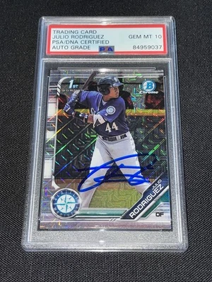 Tarjeta de novato Bowman 2019 firmada por Julio Rodríguez PSA mega caja cromada JROD automática 10 Foto 1 de 2