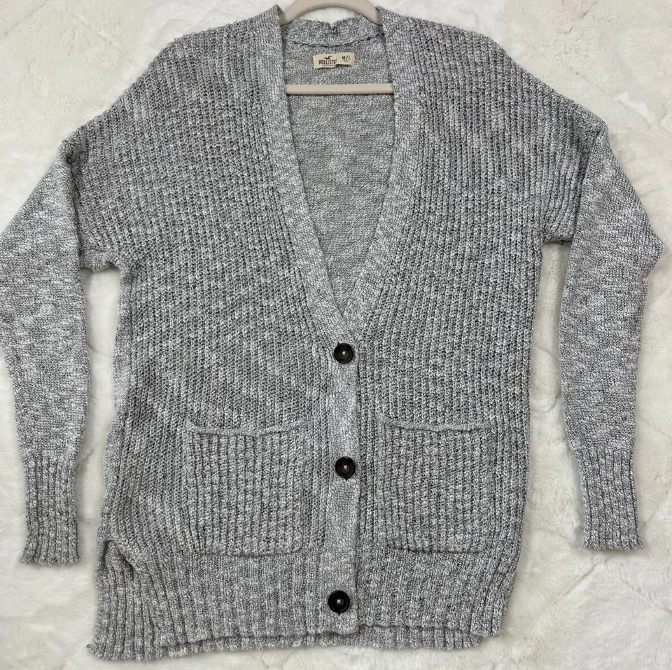 Hollister Cardigan Sweater Gray M/L Button Front Marled Knit Pockets Cozy - Image 1 of 4