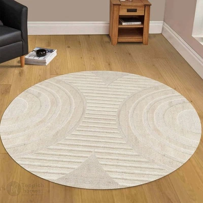 Cream Rug Round 5x5 ft Hand Tufted Wool Carpet Modern Living Room Area Rugs - Image 1 of 4