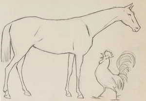 H. THOMA (1839-1924), Pferd und Hahn, Bleistift Realismus Tiere 1900-1924 - Bild 1 von 5