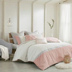 Luxury 7pc Ivory Grey & Blush Tufted Dots Duvet Cover Set AND Decorative Pillows