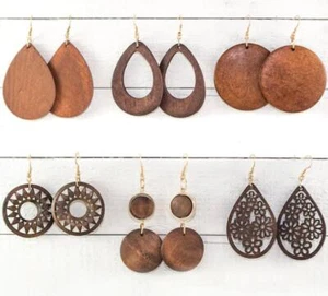 ECO Large Wooden Round Hollow Out Statement Boho Retro Dangle Drop Earrings UK - Picture 1 of 20