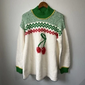 Free People Cherry Heart Sweater Mini Dress Mock Neck Thick Green Red Boho - Picture 1 of 14