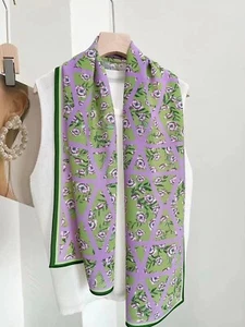 100% Mulberry Silk Scarf Women Neckerchief Scarf Shawl Flower Print Green Purple - Picture 1 of 4