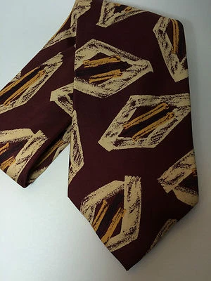 JT Beckett Silk Tie Burgundy Tan Gold Geometric Necktie 4" X 59" Made in Italy - Image 1 of 4