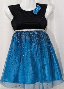 Jonah Michelle Dress Girls 5 Black Velvet Teal Blue Rosette Sparkle Dot Chiffon - Picture 1 of 8