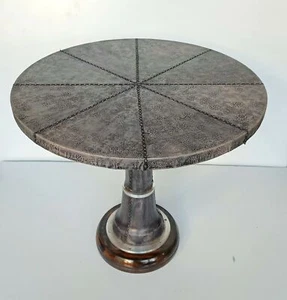 Antique Home Dining Restaurant Round Coffee Table Leather Stitched Decorative - Picture 1 of 6