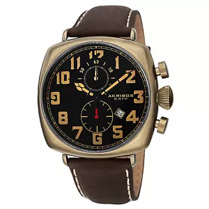 Nuevo reloj para hombre Akribos XXIV AK786YG cuarzo cronógrafo esfera negra correa de cuero - Imagen 1 de 7
