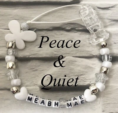 PEACE & QUIET Personalisierter Schnullerclip💎Taufe💎Kette💎weiß💎Glitzer💎Bling💎silber #PPP