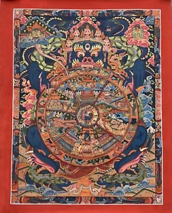 WHEEL OF LIFE BHAVACHAKRA/ SAMSARA MANDALA ORIGINAL TIBETAN THANGKA PAINTING - Picture 1 of 12