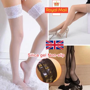 UK Sexy Ladies Silicone Hold Up Stockings With Lace Top - Black White - Picture 1 of 15