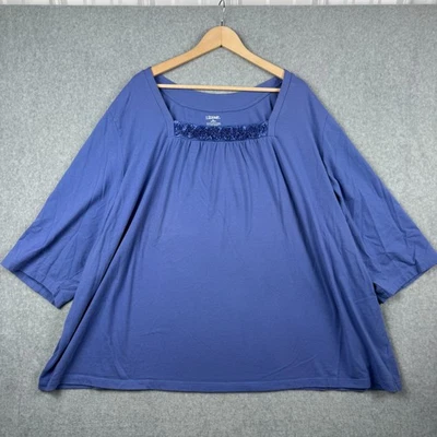Liz & Me Top Womens Plus 5X Blue 3/4 Sleeve Floral Square Neck Tee Casual Cotton - Image 1 of 4