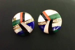 14K YG Nachlass Asch-Grossbardt bunte Edelstein Inlay Knopf Ohrringe mit Diamanten - Bild 1 von 10