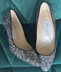 Jimmy Choo Romy Gunmetal Coarse Glitter Pumps EU 36.5 US 6 2.5" 63.5mm - Picture 1 of 9