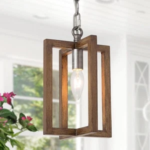 LNC Modern Farmhouse 1-Light Brown & Silver Island Pendant wFaux Wood Metal Cage - Picture 1 of 14