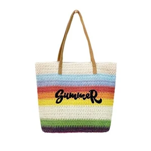Straw Beach Bag Stripe Contrast Ladies Tote Handbag Casual Shoulder Bag - Picture 1 of 12