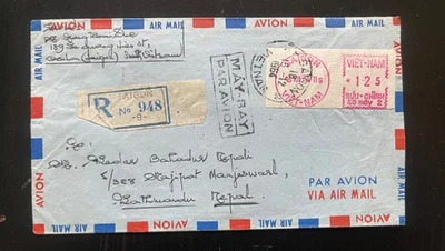 Cubierta de correo aéreo registrado de Vietnam del Sur 1963 a Nepal | Saigón a Katmandú | Raro Foto 1 de 2