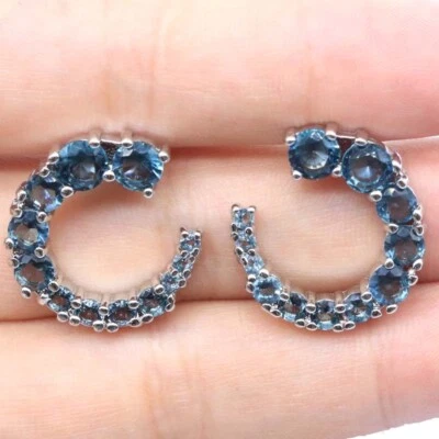 Compre 2 y obtenga 1 gratis bonitos pendientes de plata con topacio azul Londres de 6 g en forma de luna para niñas Foto 1 de 3