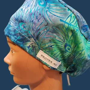 Nurses, Peacock Batik, cotton, long hair scrub cap, scrub hat. Handmade Aust - Picture 1 of 14