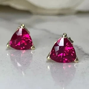 2Ct Trillion Cut Created Red Ruby Solitaire Stud Earrings 14K Yellow Gold Plated - Picture 1 of 3