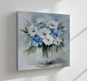 Weiß Blaue Anemone Blumen in Vase Vintage Ölgemälde Leinwanddruck Wandbild - Bild 1 von 10