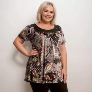 ROCKTHOSECURVES CAMICIA DONNA NERA PAISLEY MANICA CORTA SMOCK TOP TAGLIE FORTI MAGLIETTA - Foto 1 di 4