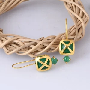 Green Onyx Set Turkish Style Designer Gold Long Hook Earring Jewelry Women Gifts - Picture 1 of 12