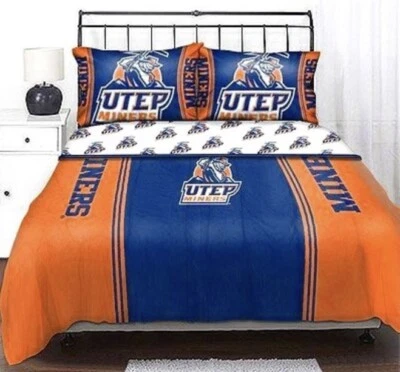 Juego de edredón de cama doble NCAA Mascot 4 piezas con sábanas UTEP Texas El Paso Miners Foto 1 de 4