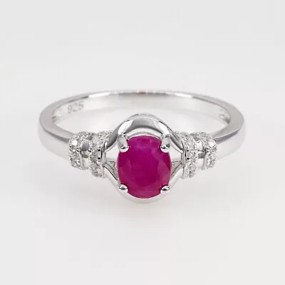 18k White Gold Plated Natural Ruby Oval 6x5mm & White Zircon Silver Ring - Image 1 of 4