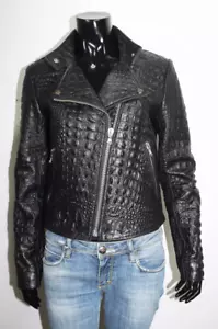 Chaqueta de cuero real en relieve de cocodrilo negro para mujer Chaqueta de motociclista con estampado de cocodrilo - Imagen 1 de 4