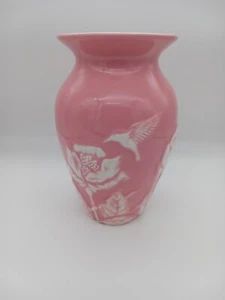 Vintage Porcelain Teleflora Pink w White Flowers & Hummingbird Glass Vase 8.5" - Picture 1 of 6