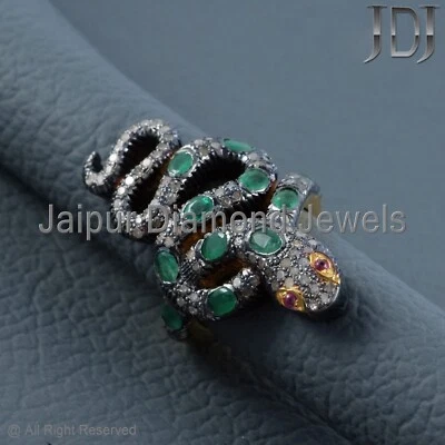 925 Sterling Silver Ring Natural Pave Diamond Emerald Ruby Gemstone Snake Ring - Image 1 of 3