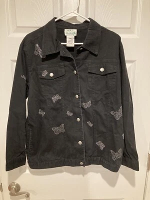 Vintage Quacker Factory Black Denim Jacket Rhinestone Butterflies Size Small - Image 1 of 4