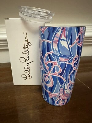 Vaso de viaje Lilly Pulitzer carrete azul descremado anclaje náutico 20 fl oz caja nueva Foto 1 de 2