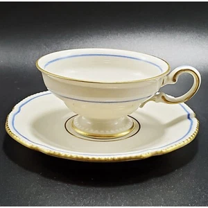Castleton China Vintage EMPIRE Footed Tea Cup & Saucer Set Blue Wreath Gold Trim - Picture 1 of 10